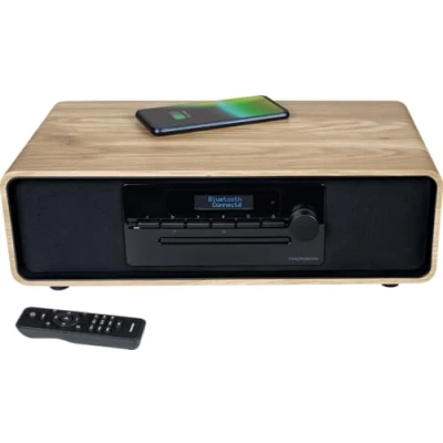 Abbildung von Micro chaîne Bluetooth THOMSON Bois/Noir Radio FM/DAB+/CD/MP3/USB/Induction, 75W, Affichage LCD, Télécommande, Alim. 23
