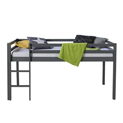 Abbildung von Homestyle4u 2256, Kinderbett 90x200 Grau Hochbett mit Treppe Lattenrost für Kinder Bettgestell Holz Massiv Kiefer Kinderzimmer