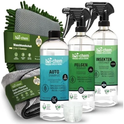 Abbildung von bio chem Auto Reinigungsset Aussen Profi 5 teilig für lackschonende Reinigung Aller KFZ Oberflächen Shampoo, Insektenentferner, Felgenreiniger, Flausch Tuch &amp; 2 in 1 Mikrofaser Handschuh