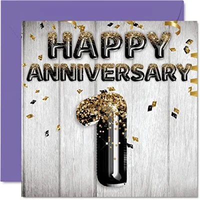 Abbildung von Tolle Papier Jahrestagskarte für Ehemann Freund Ehefrau Freundin schwarz goldene Glitzer Luftballons Happy 1st Anniversary Cards from Family 145 mm Grußkarten die ersten Jahrestage
