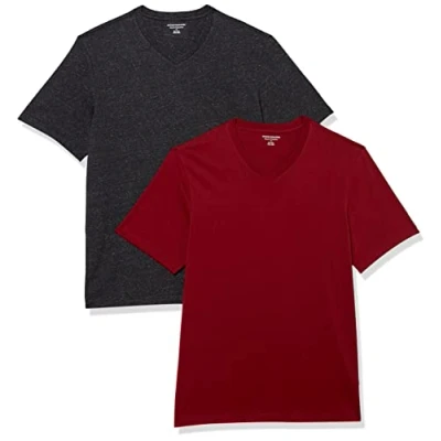 Abbildung von Amazon Essentials Herren Kurzärmliges T Shirt mit V Ausschnitt in normaler Passform (in Übergrößen erhältlich), 2er Pack, Burgunderrot/Dunkelgrau Meliert, L
