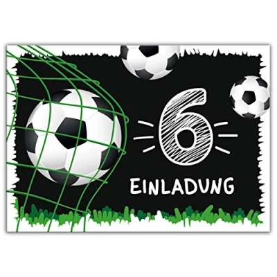 Abbildung von 12 Einladungskarten zum 6. Kindergeburtstag sechste Geburtstag Jungen Fussball Fußball