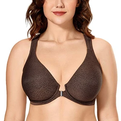 Abbildung von DELIMIRA Damen Vorderverschluss Racerback BH Grosse Grössen Bügel BHS Tiefer Ausschnitt Ungefüttert Vollschalen Schokoladenheide 95D
