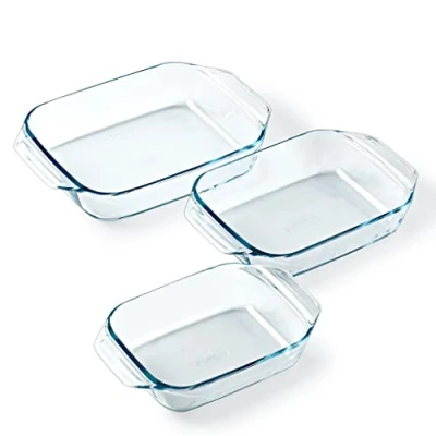 Abbildung von Pyrex® Auflaufformen aus Borosilikatglas 27, 31 und 35 cm mit breiten Griffen, 3 Stück, temperaturbeständig, spülmaschinenfest