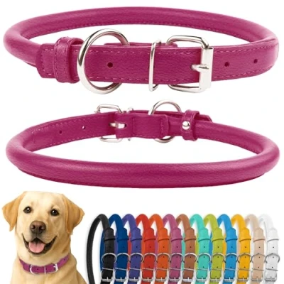 Abbildung von CollarDirect Rundes Leder Hundehalsband, weich gepolstert gerollt, handgefertigtes Echtleder Halsband für Hund Welpe Katze Klein Groß Schwarz Rosa Rot Lila Blau