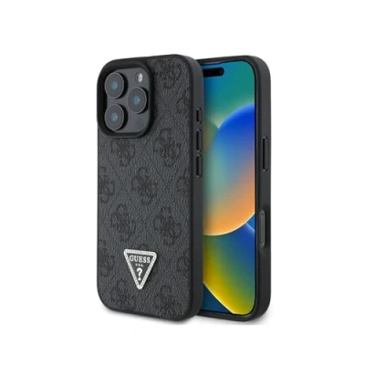 Abbildung von Guess Schutzhülle für iPhone 16 Pro, offizielles Lizenzprodukt von CG MOBILE PU Leder 4G, Metall Logo mit Strass Motiv, entworfen 6,3 Zoll (2024), Schwarz