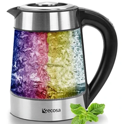 Abbildung von Glas Wasserkocher 1,7 Liter 2200 Watt Edelstahl mit Temperaturwahl Teekocher 100% BPA FREI Warmhaltefunktion LED Beleuchtung im Farbwechsel Temperatureinstellung (40C 100C)