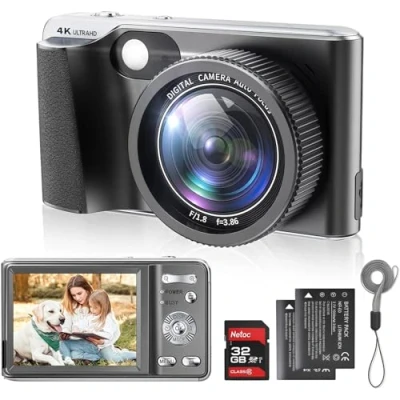 Abbildung von 4K Digitalkamera, Autofokus, 48 MP Vlogging Kamera für Fotografie, YouTube Kompaktkamera mit Blitz, 18 facher Digitalzoom, Anti Shake, Makrofotografie, 32 G SD Karte und 2 Batterien