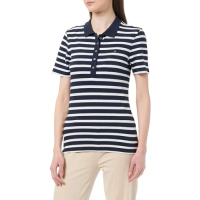 Abbildung von Tommy Hilfiger Damen Poloshirt Kurzarm 1985 Slim Pique Stripe Polo Ss Fit, Mehrfarbig (Breton Desert Sky/Ecru), XL