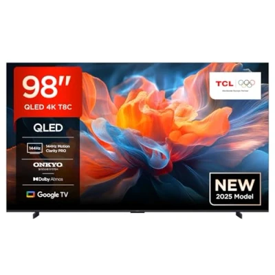 Abbildung von TCL 98T8C 98 Zoll QLED 4K HDR Ultra HD Fernseher, Smart TV mithilfe von Google (Dolby Vision &amp; Atmos, 144Hz Motion Clarity Pro, FreeSync, Onkyo 2.1 Sound, Sprachsteuerung)