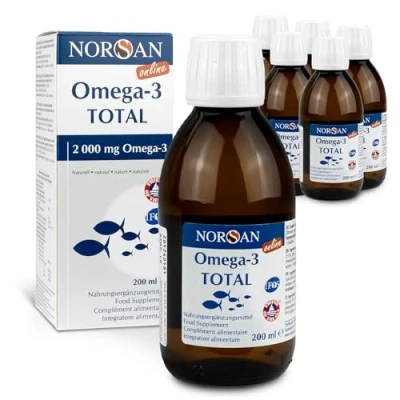 Abbildung von NORSAN Premium Omega 3 Fischöl Total Naturell hochdosiert 6er Pack (6x 200 ml) / 2.000mg pro Portion/Omega Öl 1120mg EPA &amp; 536mg DHA/Omega mit 800 IE Vitamin D3
