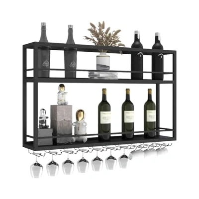 Abbildung von DSVONAUS industriell wandmontierte Weinregal mit Glashalter, Schwarz Metallflaschenhalter Multi funktionaler Weinpareite Display Rack 2 stufiges für Home Bar Dining Room Kitchenkitchen (120x20x65cm)