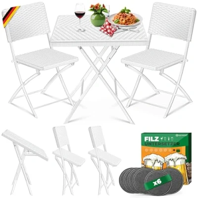 Abbildung von KESSER® Bistroset 3 teilig Balkontisch mit 2 Stühlen Balkonmöbel Wetterfest &amp; UV beständig Balkonset klappbare Sitzgruppe Beschichtetes Stahl Rattan Optik Gartenmöbelset 6 Filz Untersetzer