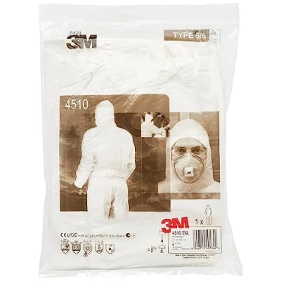 Abbildung von 3M 4532W2XL AR Protective Coverall with 3 panel elasticated hood ankles waist and knitted cuffs, Antistatic breathable fabric, Type 5/6, Size XX Large, White (Pack of 20)