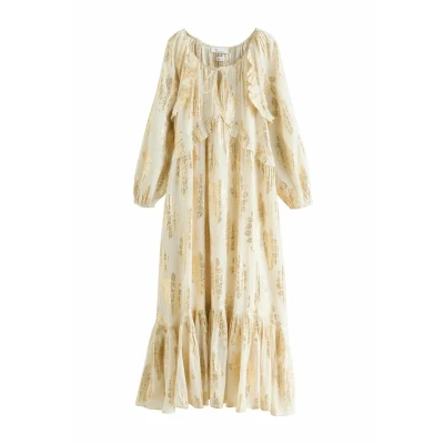 Abbildung von Next Regular FIT LONG Sleeve Ruffle TIE Front Maxikleid, Damen, Größe: 40, Gold