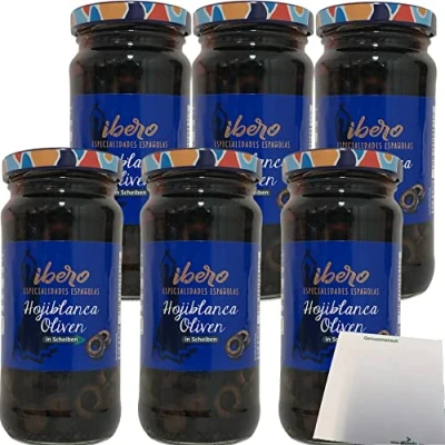 Abbildung von Ibero schwarze Hojiblanca Oliven in Scheiben 6er Pack (6x230g Glas) + usy Block