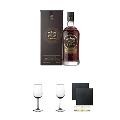 Abbildung von Angostura 1787 Rum 15 Jahre in GP 0,7 Liter + 2 Bugatti Nosing Gläser mit Eichstrich 2cl und 4cl Schiefer Glasuntersetzer eckig ca. 9,5 cm Ø