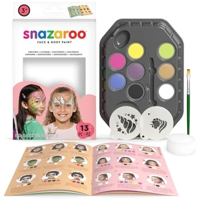 Abbildung von Snazaroo 1172181 Schminkset &quot; Einhorn &quot;, hautfreundliche Gesichtsschminke auf Wasserbasis 7 Schminkfarben, 1 Schminkpinsel, Schwamm, 2 Vorlagen und Schritt für Anleitung