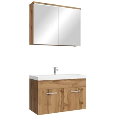 Abbildung von Badezimmer Badmöbel Set Paso 02 80cm Waschbecken Eiche Unterschrank Schrank Spiegelschrank