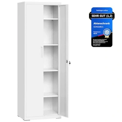 Abbildung von SONGMICS Aktenschrank, Mehrzweckschrank, Aufbewahrungsschrank, 5 Ebenen, 40 x 60 180 cm, Doppeltüren, Schloss, Werkzeug, verstellbare Ablagen, Garage, Büro, Wohnzimmer, mattweiß OMC014W01