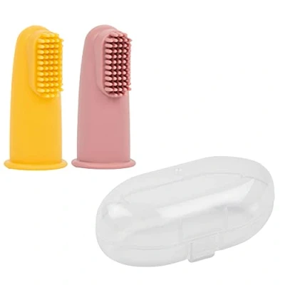 Abbildung von Nattou Babyzahnbürste aus Silikon, 2x Fingerzahnbürste für Babys und Kleinkinder, 1x Schutzhülle, BPA frei, Silicon, Gelb/Rosa