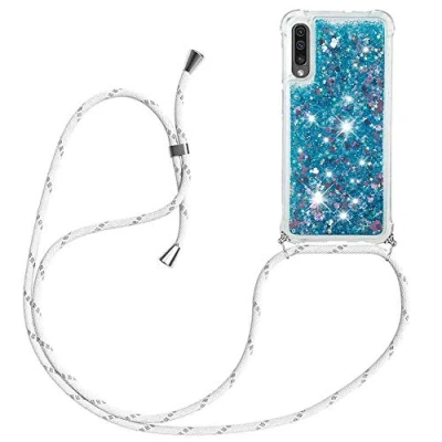 Abbildung von HongMan Handykette Hülle kompatibel mit Samsung Galaxy A50/A30S/A50S Band zum Umhängen, Glitter Handyhülle Flüssig Treibsand, Stoßfest Silikon Transparent Kette,Blau