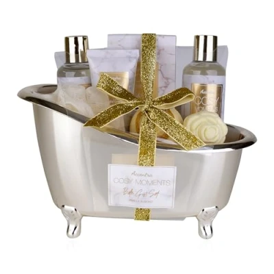 Abbildung von Accentra COSY MOMENTS Bade &amp; Duschset in gold Geschenk Set zur Entspannung für Frauen zum Geburtstag oder Weihnachten 7 Teiliges Wellness Pflegeset mit Mini Deko Badewanne
