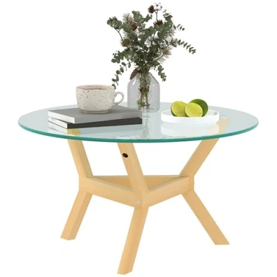 Abbildung von HOMCOM Couchtisch aus Hartglas, Wohnzimmertisch mit verstellbaren Fußpolstern und Stahllrahmen, runder Beistelltisch für Wohnzimmer, Transparent, Ø80 x 45 cm