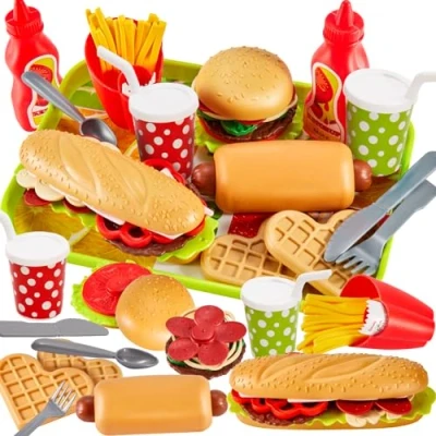 Abbildung von BUYGER Kinderküche Spielküche Zubehör für Kinder, Hamburger Fast Food Lebensmittel Grill Spielzeug, Matschküche Kinder Outdoor, Rollenspiele Geschenk