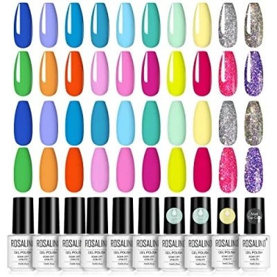 Abbildung von ROSALIND 24 Pieces UV Nagellack Set, 20 Farbe Gel Gelb Orange Blau Grün Rot Glitzern Shellac Set Soak Off Nail Polish With Top Base Coat and Matte