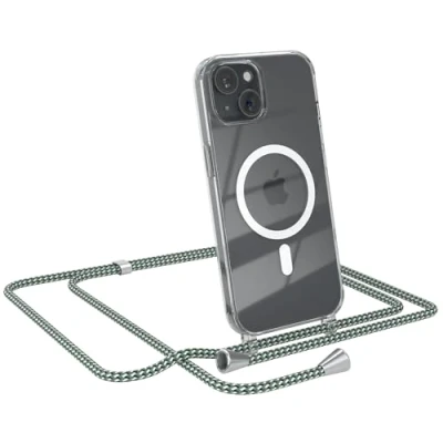 Abbildung von EAZY CASE Handykette kompatibel mit iPhone 15 Kette zum Umhängen Stoßfest Handyhülle für Silikon Hülle Band Transparent als Fallschutz in Hellgrün Camouflage Clips Silber