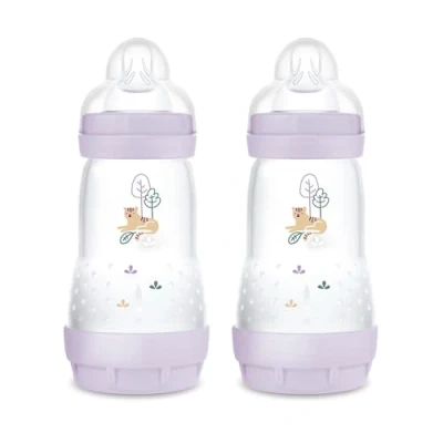 Abbildung von MAM Easy Start Anti Colic Babyflasche im 2er Set (260 ml), besonders gut akzeptierte Milchflasche, Baby Trinkflasche mit Bodenventil gegen Koliken und Sauger Größe 1, 0+ Monate, Tiger