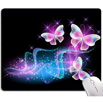 Abbildung von IMAYONDIA Mauspad, leuchtende Nacht, rosa Schmetterlinge, quadratisches wasserdichtes rutschfeste Gummiunterseite, Mauspads für Computer Laptop