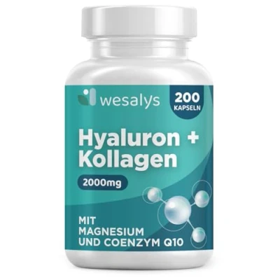 Abbildung von Hyaluron Kollagen Komplex 200 Kapseln 2000mg Collagen hochdosiert Angereichert mit Hyaluronsäure, Coenzym Q10, Zink, Vitamin C, A, E, Magnesium Laborgeprüft