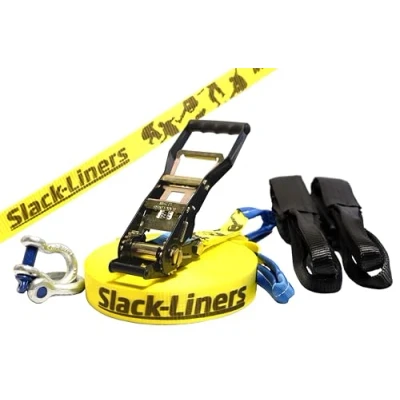 Abbildung von Slack Liners 6 Teiliges Slackline Set GELB 50mm breit, 25m lang mit Langhebelratsche Made in Germany