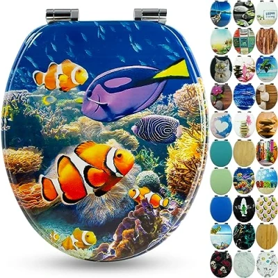 Abbildung von Sanfino WC Sitz „Nemo“ hochwertiger Toilettendeckel mit Absenkautomatik und Holz, viele bunte Motive, hoher Sitzkomfort, einfache Montage