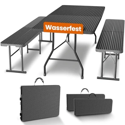 Abbildung von NewHabitat I Kunststoff Bierzeltgarnitur Klappbar 3er Set, Tisch + 2 x Bank mit Tragegriffe, Biertischgarnitur, Festzeltgarnitur, Bierbank klappbar, HxBxT: 75x180x75 cm (Schwarz)