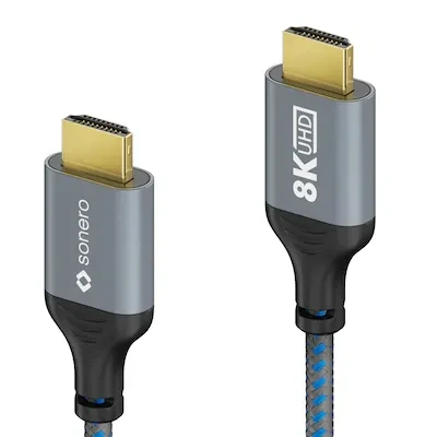 Abbildung von Sonero® 8K HDMI Kabel, Stecker auf Stecker, 2.1, 60Hz, 4K 120Hz, Baumwollmantel, grau/blau, 1,00 Meter