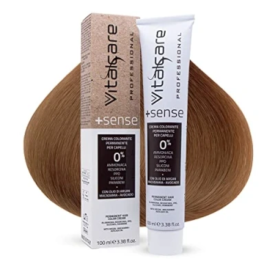 Abbildung von Vitalcare +Sense Professionelle Permanente Haarfärbung, ohne Ammoniak, Resorcina, Silikon mit Arganöl, Macadamiia und Avocado, 8/3 Hellblond, goldfarben, 100 ml