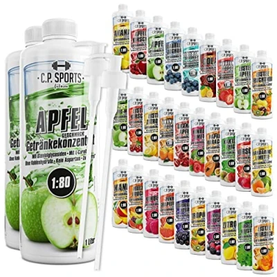 Abbildung von C.P. Sports Getränkesirup für Mineraldrink I Sirup zuckerfrei Vital Drink APFEL mit Vitaminen Getränkekonzentrat zum Mischen Wasser Sport Getränk 2 Liter + Pumpspender