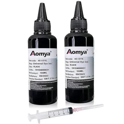 Abbildung von Aomya 2 Flaschen Schwarz Universal Farbstofftinte Nachfüllset 100mlx2 für HP Canon Epson Brother Lexmark Drucker, kompatible Patronen, nachfüllbare Kartusche CISS CIS System mit 1 Spritze