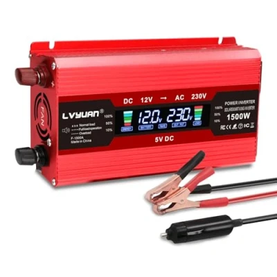 Abbildung von LVYUAN Spannungswandler 12V 230V 1500W Wechselrichter 2 USB LCD Kühlung Lüfter EU Steckdosen für Geschaeftsfahrten und Urlaub