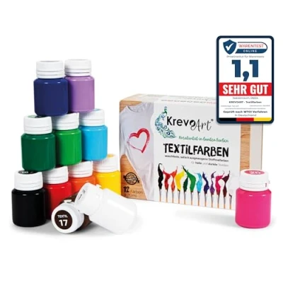 Abbildung von Krevo Art Stoffmalfarben Textilfarben WASCHFEST Set aus 12 x 20ml Stofffarben in Fläschchen Zum Bemalen von verschiedenen Textilien