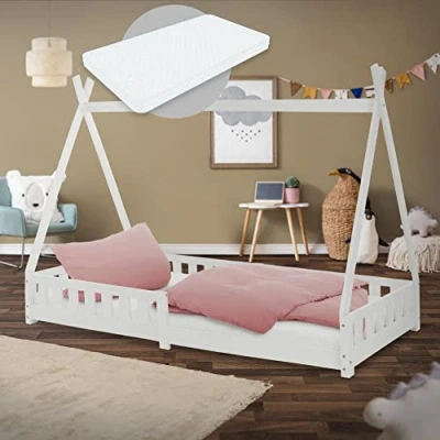Abbildung von ML DESIGN Kinderbett Hausbett mit Rausfallschutz und Lattenrost Massivholz, Bett 200x90cm Weiß Matratze 16cm Kiefernholz Zaun