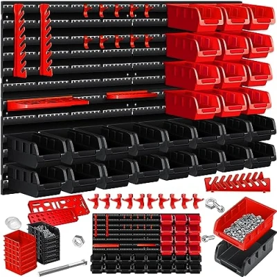 Abbildung von MASKO® Stapelboxen + Wandregal Werkzeughalter 45 teiliges Set Box erweiterbar Sichtlagerkästen Schüttenregal Steckregal, Hängeregal Sortimentskasten Kleinteilemagazin Werkstatt Regal Schwarz/Rot