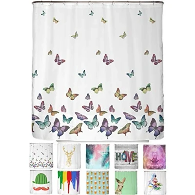 Abbildung von arteneur® Schmetterlinge Anti Schimmel Duschvorhang 180x200 Recycelt mit Öko Tex Standard 100 Beschwerter Saum, Blickdicht, Wasserdicht, Waschbar, 12 Ringe &amp; E Book Reinigungs Tipps