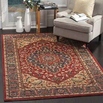 Abbildung von SAFAVIEH Traditionell Teppich für Wohnzimmer, Esszimmer, Schlafzimmer Mahal Collection, Kurzer Flor, Marineblau und Rot, 155 X 231 cm