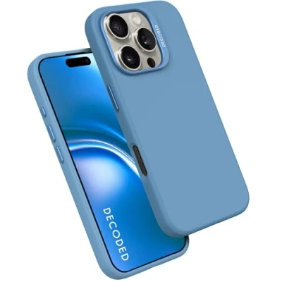 Abbildung von DECODED Silikon Hülle für iPhone 16 Pro Max, MagSafe kompatibel, Premium Liquid Soft Touch Material, Ganzkörper Schutzhülle, erhöhte Kanten zum Schutz von Bildschirm und Kamera, Air Blue