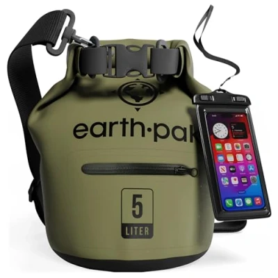 Abbildung von Earth Pak Dry Bag Wasserdichter Packsack mit Reißverschluss Tasche, Schultergurt und wasserfester Handyhülle Ideal beim Kajak Fahren, Camping, Angeln, Bootfahren Rafting (Grün, 5L)