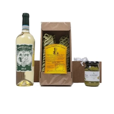 Abbildung von The Wine Guys Weinpräsent Präsentkorb „Pesto e Vino“ mit italienischen Spezialitäten: Italienischer Feinkost und Weißwein (1 x 0,75 l, 13,5% vol.) NV trocken 0.75 l)